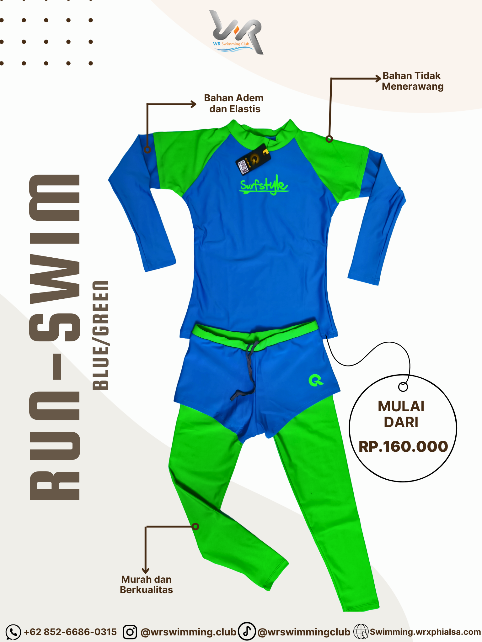 Baju Renang dan Running Biru Hijau